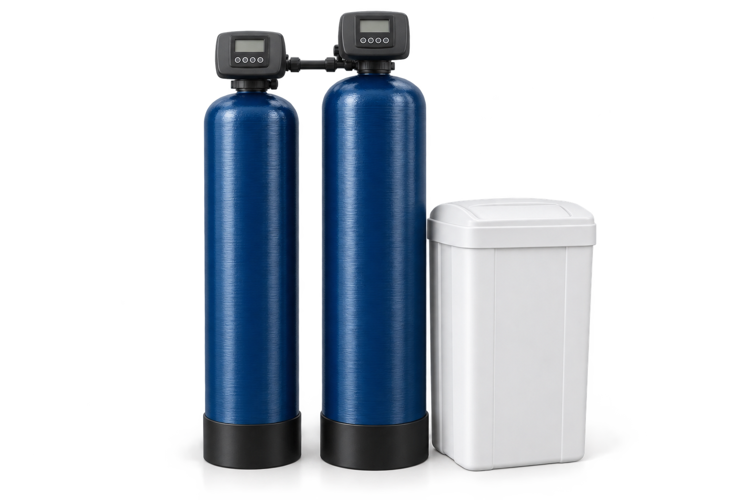 Illustrative render of two whole-home treatment tanks and a brine tank